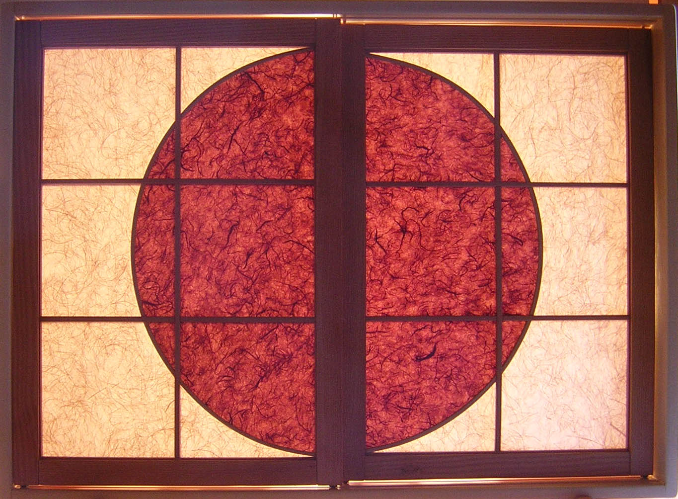 "Sol" Shoji with Burgundy Circle in Center of two  Shakti Shoji Window Panels